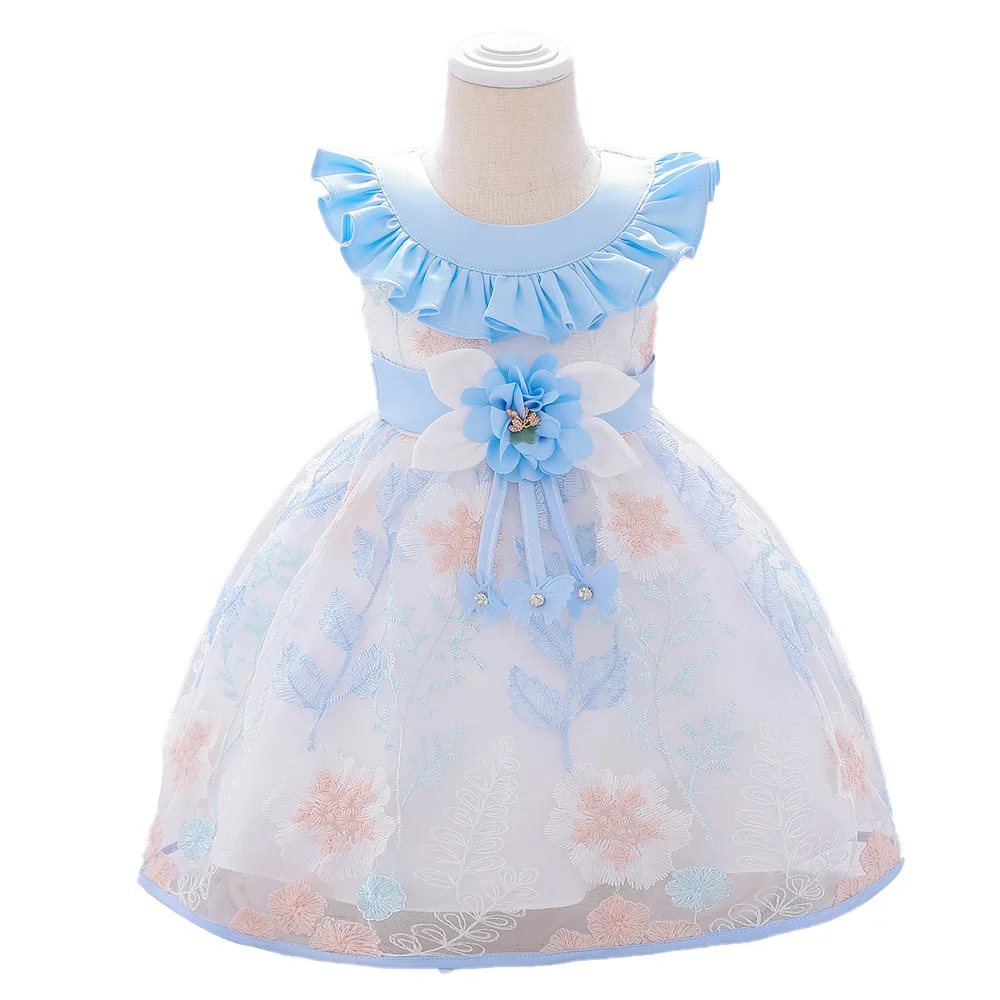 

Children's dress Crew Neck simulation flower mesh embroidery baby fluffy skirt years old