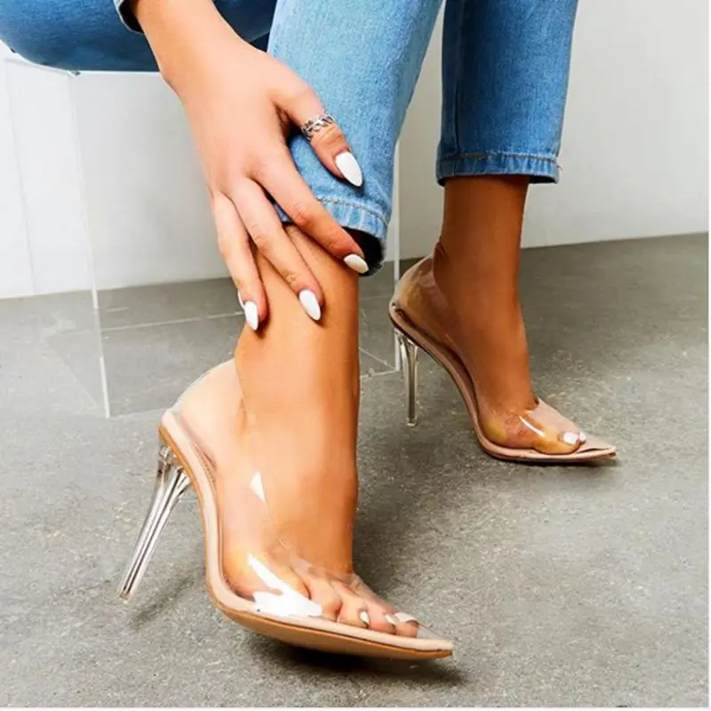 

2021 Latest Women Sandals PVC Jelly Crystal Heel Transparent Women Sexy Clear High Heels Summer Sandals Shoes, Apricot