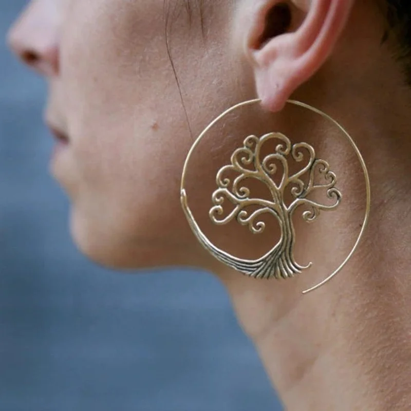 

new product ideas 2021 fashion jewelry Large Gold Plate Spiral Tree of Life Earrings Bohemia Hoop Earrings For Women, Many colors fyi