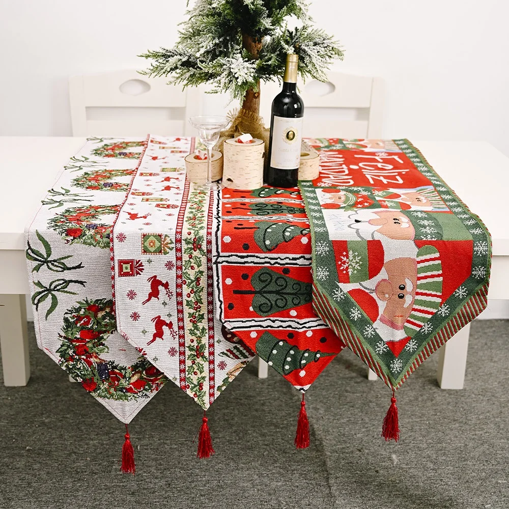 
Hot Sale Professional manufacture durable cotton Christmas and runners table cover Elk/Tree Printed Christmas Table Runner 
