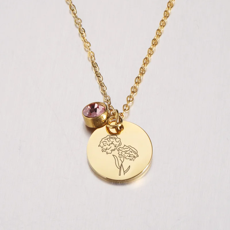 

New Personalized Gold Stainless Steel Round Birthday Pendant Necklace WIth Diamond, Picture shows