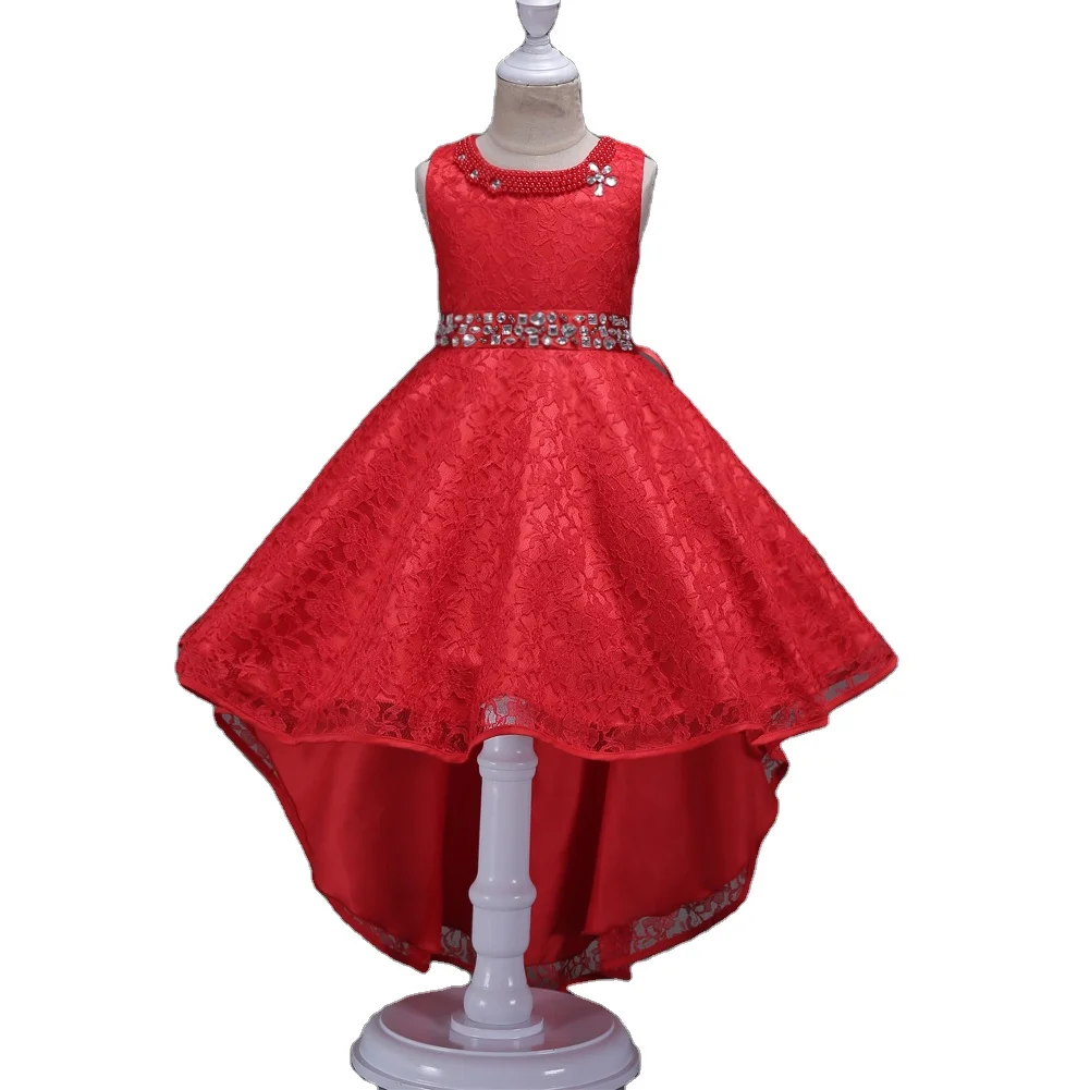 

Western style long tail kid party dress Red lace girl wedding dress with belt big girl dresses for Piano Performance
