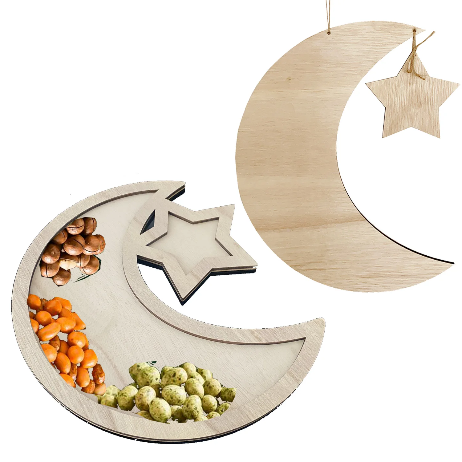 

Rustic Wooden Crescent Moon Star Eid Ramadan Party Food Serving Tableware Dessert Pastry Tray Display Holder Decor Ornament, Shown