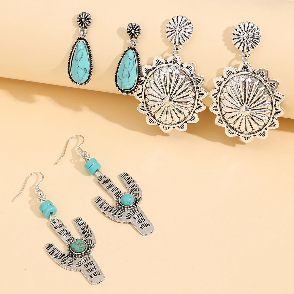 

Bohemian Celtic Cute 3 Pairs Western Style Earrings Set Water drop Cactus Turquoise Earrings Set For Woman