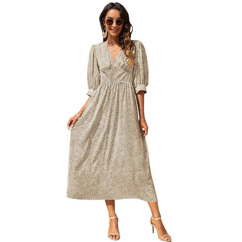 

Wholesale 2021 Summer Women casual V Neck Half Sleeve Polka Dot Printed A Line Maxi Dress