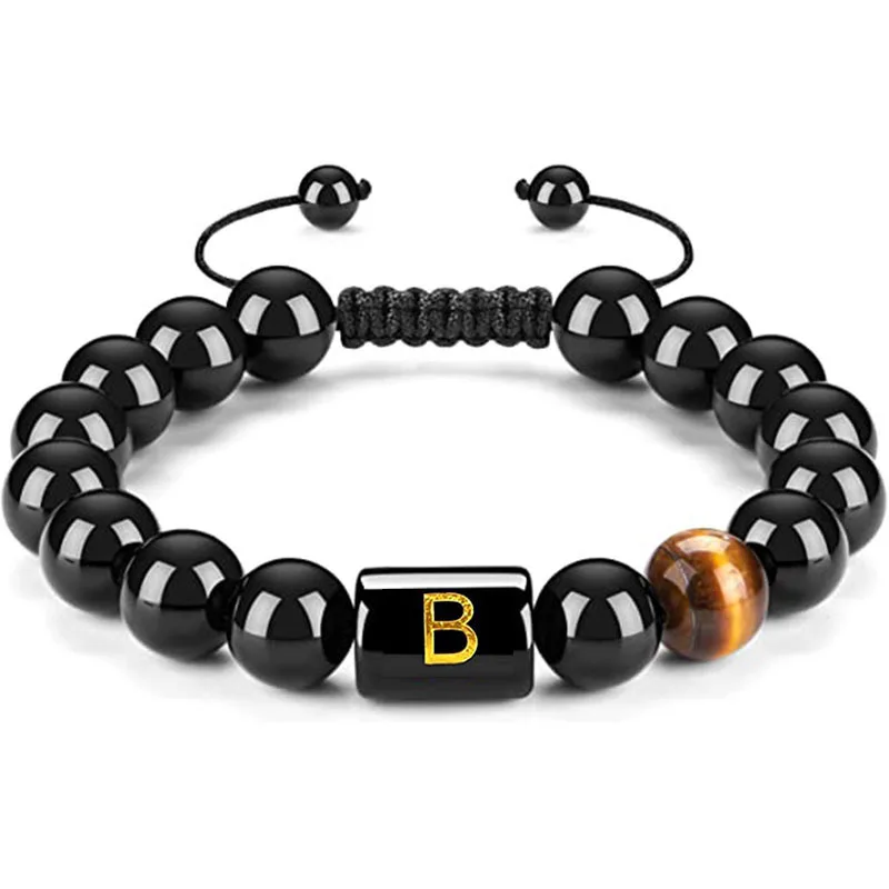 

HPXmas Hot Sale Natural Black Onyx Alphabet Beaded Bracelet Adjustable Letter Initial Tiger Eye Beads Bracelet for Women Men