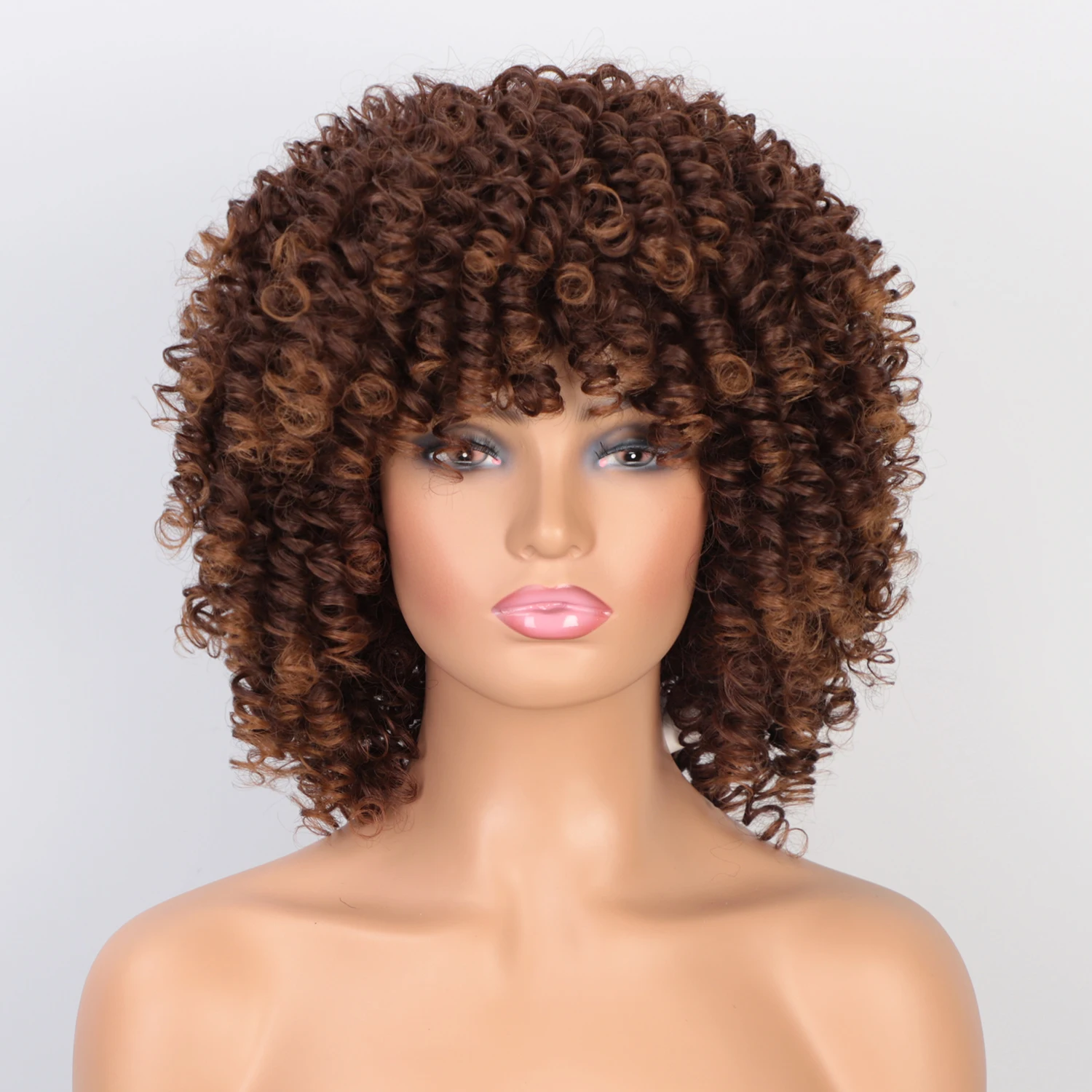 

High Vendor Cheap Wholesale Short Bob Afro Kinky Loose Curly Wave Brown Wig With Bangs For Black Women Synthetic Hair Wigs