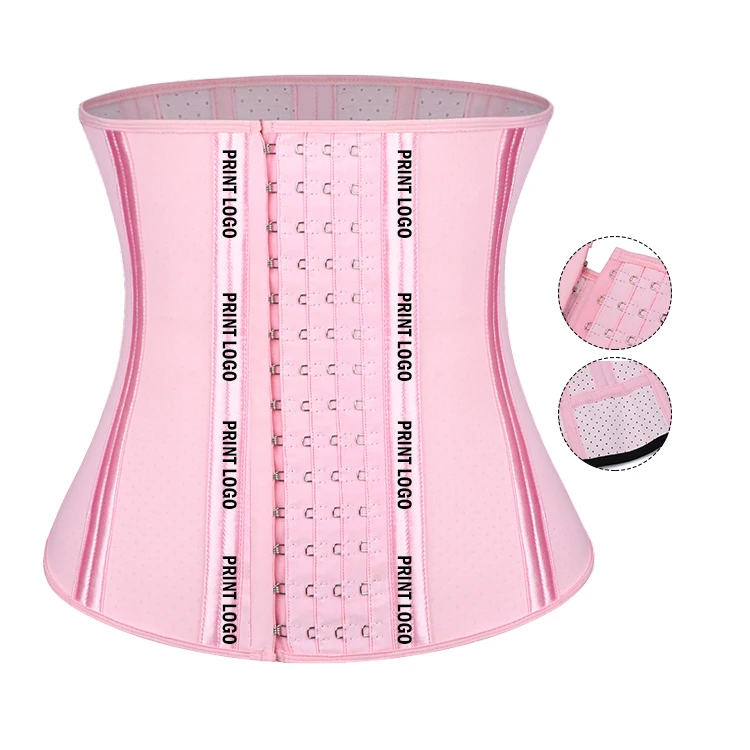 

Custom Logo Private Label Compression Elasticity Adjustable Hooks Tummy Fat Waist Trimmer Women Body Shaper Latex Waist Trainer, Black and pink