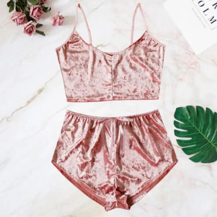 

Wholesale Women Sexy Short Velvet Pajamas sets V Neck Hot Lingerie Night Sleepwear, Pink, wine, black