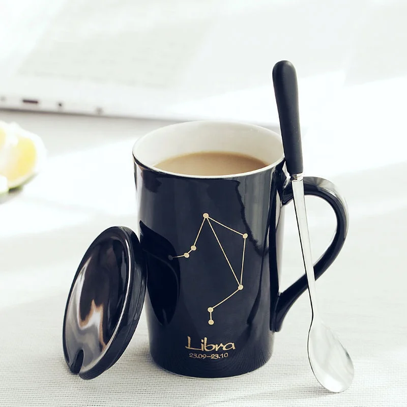 

Custom Gold Logo Black White 12 Constellations Ceramic Coffee Water Mug 420 ml With Lid And Spoon Amazon, As picure or customized