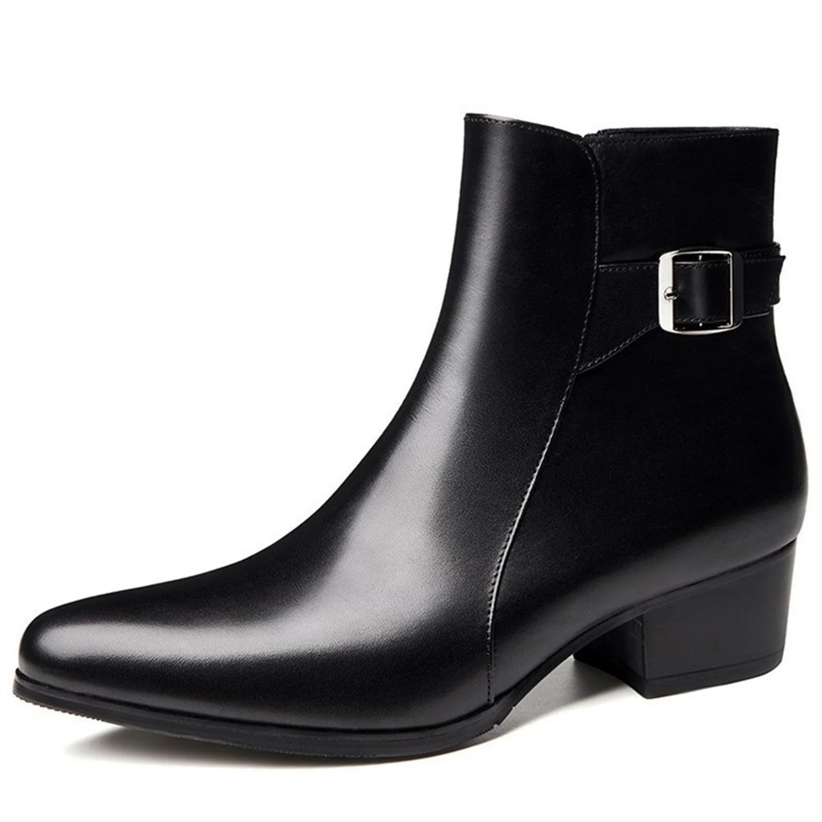 

Taller High Heel Pointed Toe Buckle Strap Genuine Leather Fleece Inside Ankle Boots Work Shoes for Men