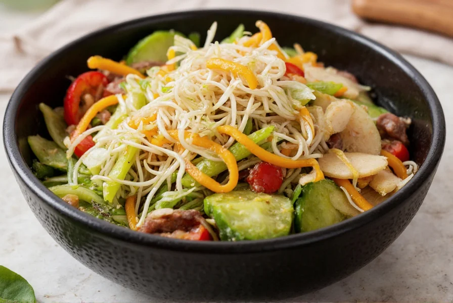 Colorful salad bowl with mixed sprouts, fresh ginger slices, and other vegetables