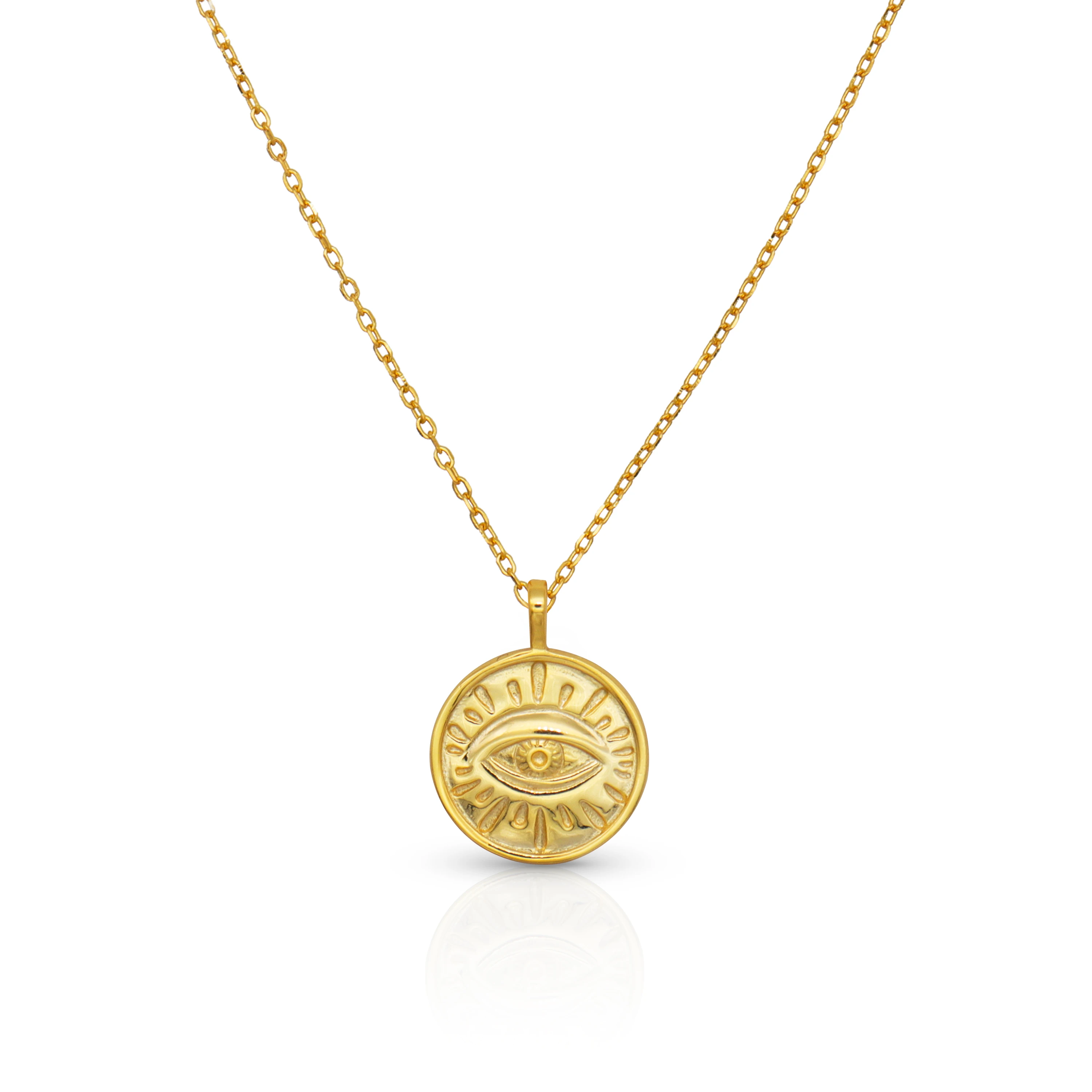 

Chris April in stock fine jewelry 925 sterling silver gold plated Demon Eye coin pendant necklaces, Yellow gold