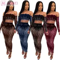 

O2108 casual fashion mesh see through crop top long skirt club party sequin tassel Women 2 Piece Set Clothing