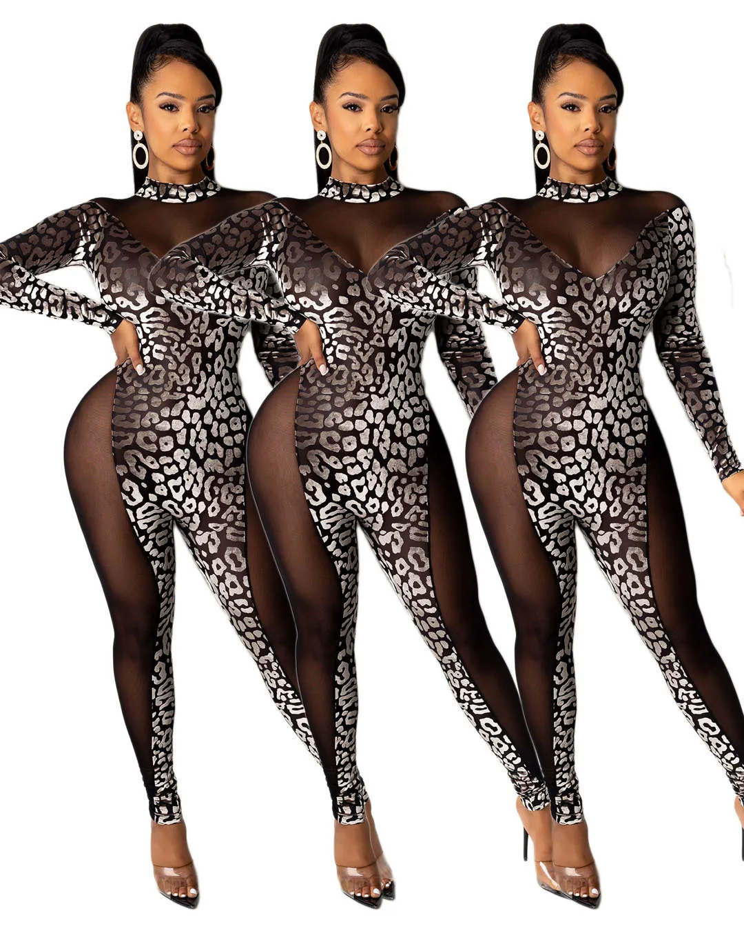 

B54085A In stock woman sexy see-through patchwork fashion club jumpsuit, Black