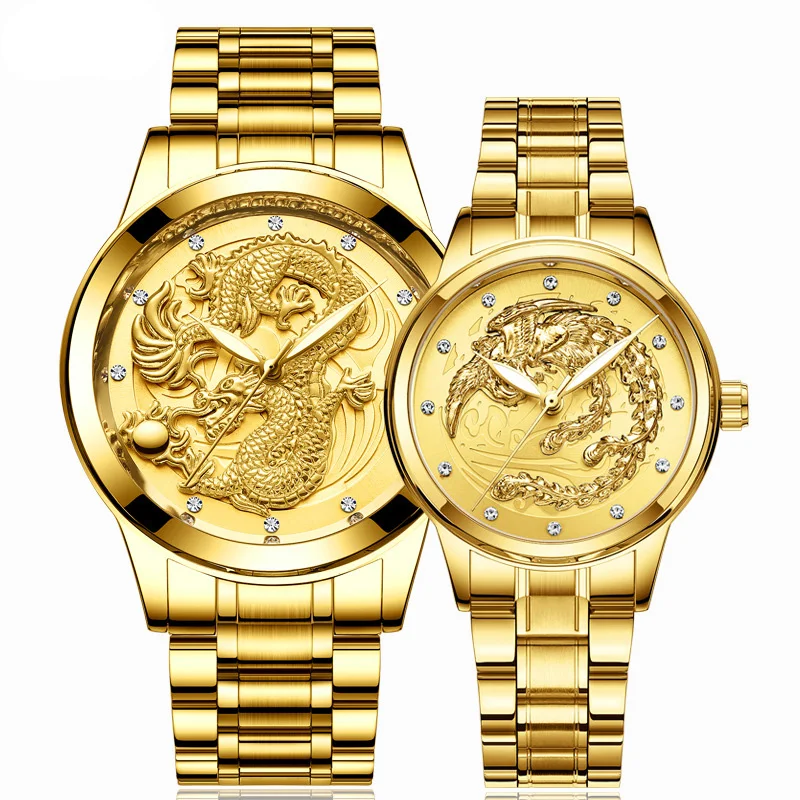 

FNGEEN Luminous Waterproof Watch Gold Color Quartz Ultra-thin Dragon And Phoenix Couple Watch S666, 17-colors