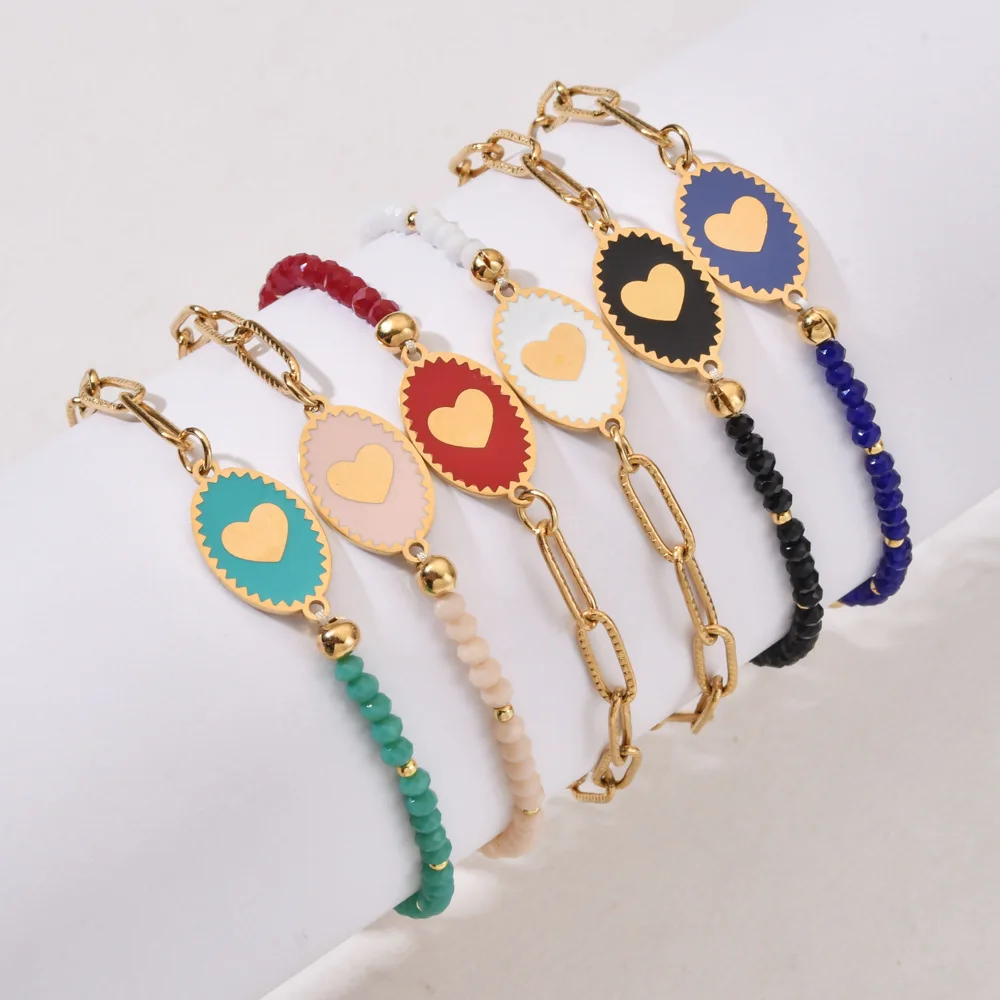 

Ins Fashion Natural Crystal Beads Paperclip Chain Stainless Steel Enamel Heart Bracelet Women Girls XN200