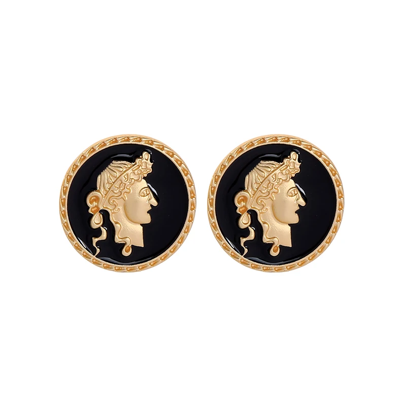 

de980177 2020 Simple Geometric Style Black White Round Relievo Empaistic Portrait Face Outline Vintage Gold Stud Earrings