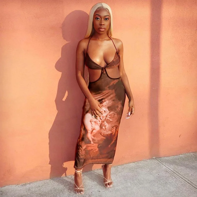 

2021 new arrivals summer collection women halter printed sexy beach dresses