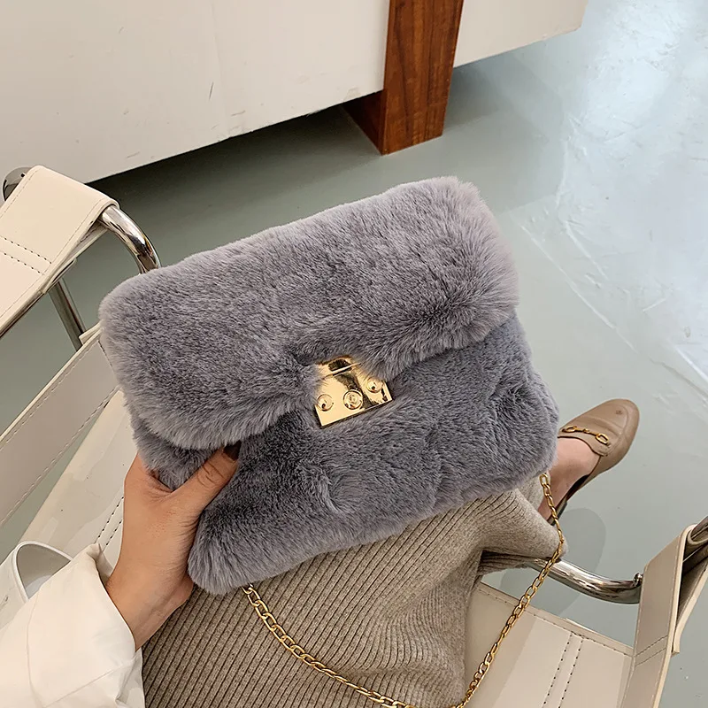 

New Winter Plush Shoulder Bag Faux Fur Crossbody Bags For Women Chain Fashion Design Handbag Female Cross Body, As picture