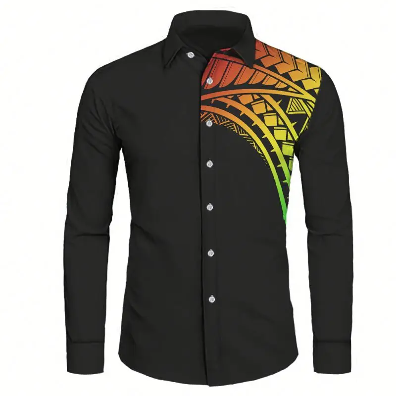 

2021 New Arrivals Autumn Yellow And Black Men Long Sleeve Shirt Polynesian Traditional Tribe HD Printing Shirt Drop Shipping, Customized color