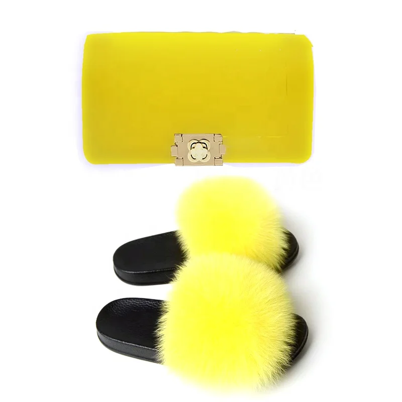 

2020 Fashion Designer Colorful Jelly Bags Fur Slippers And Purse Sets