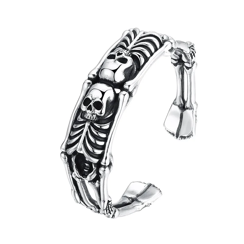 

New Arrival 925 Sterling Silver Skull Ring Bangles Bracelet Vintage Fashion Men and Women Opening Adjustable Finger Jewelry Set