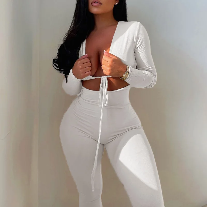 

Fall 2021 Women Sexy Clothes Designer Bodycon Solid Color Long Sleeve One Piece White Bandage Jumpsuits Ladies Workout Jumpsuit, White,black