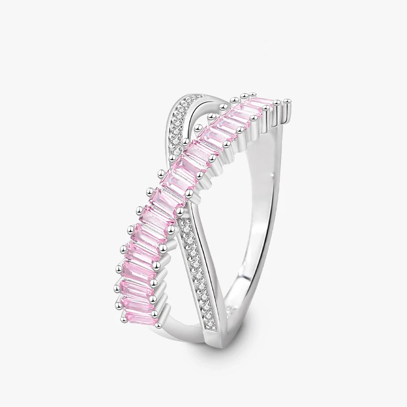 

New Design 925 Sterling Silver Pink Colored Cubic Zirconia Full Diamond X Shaped Hollowing Eternity Ring