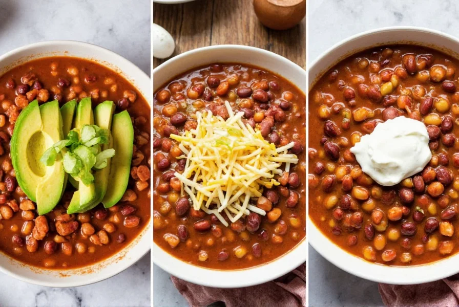 Variations of bean chili with different toppings including avocado, cheese, and sour cream