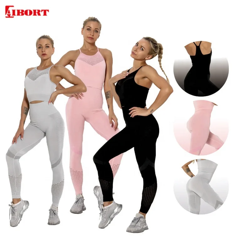 

2020 Seamless Yoga High Waisted Workout Sports Bra Leggings Set For Women, Pink / light grey/black