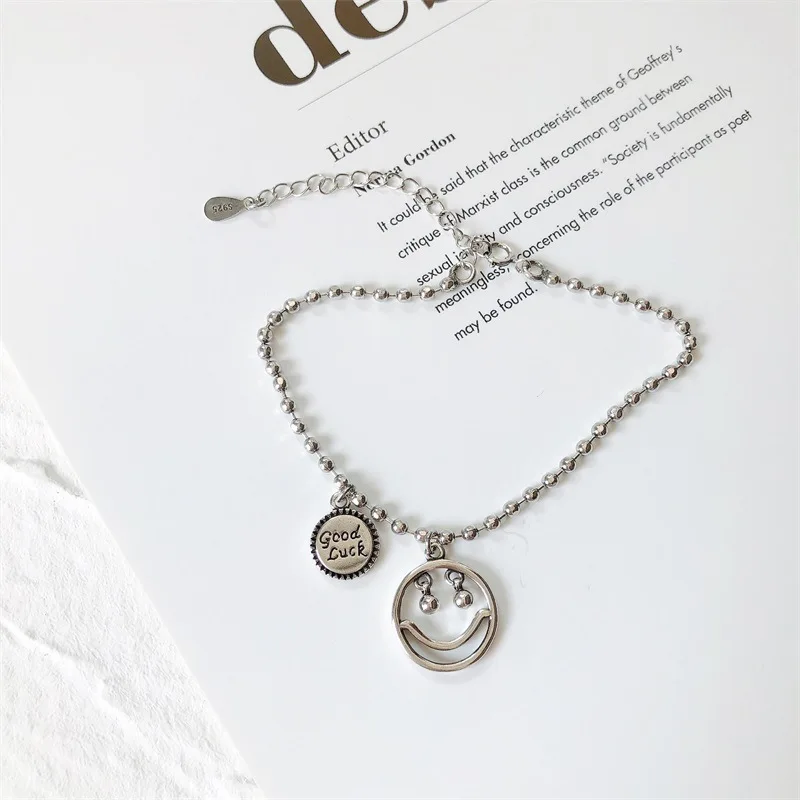 

JUHU Korean Version Retro Goodluck Hollow Smiley Face Sterling Silver Bracelet Female European American Fashion Bracelet