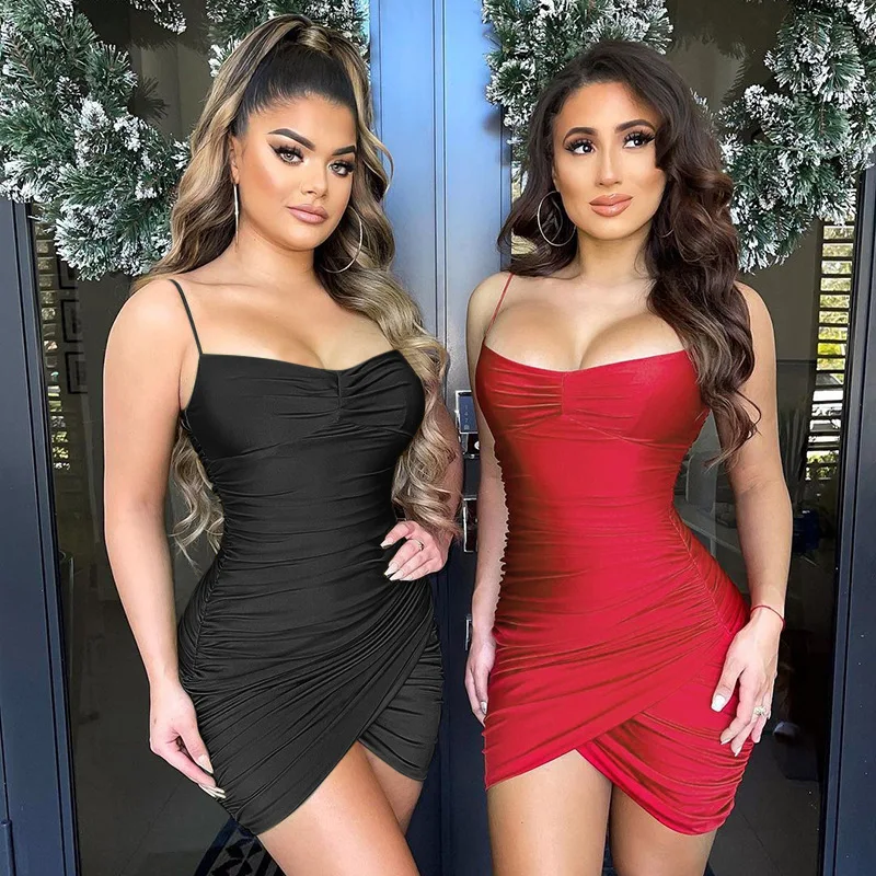 

Fashion Loose Women Clothing Summer Sexy Sleeveless Spaghetti Straps Backless Cool Mini Casual Dress, Black red