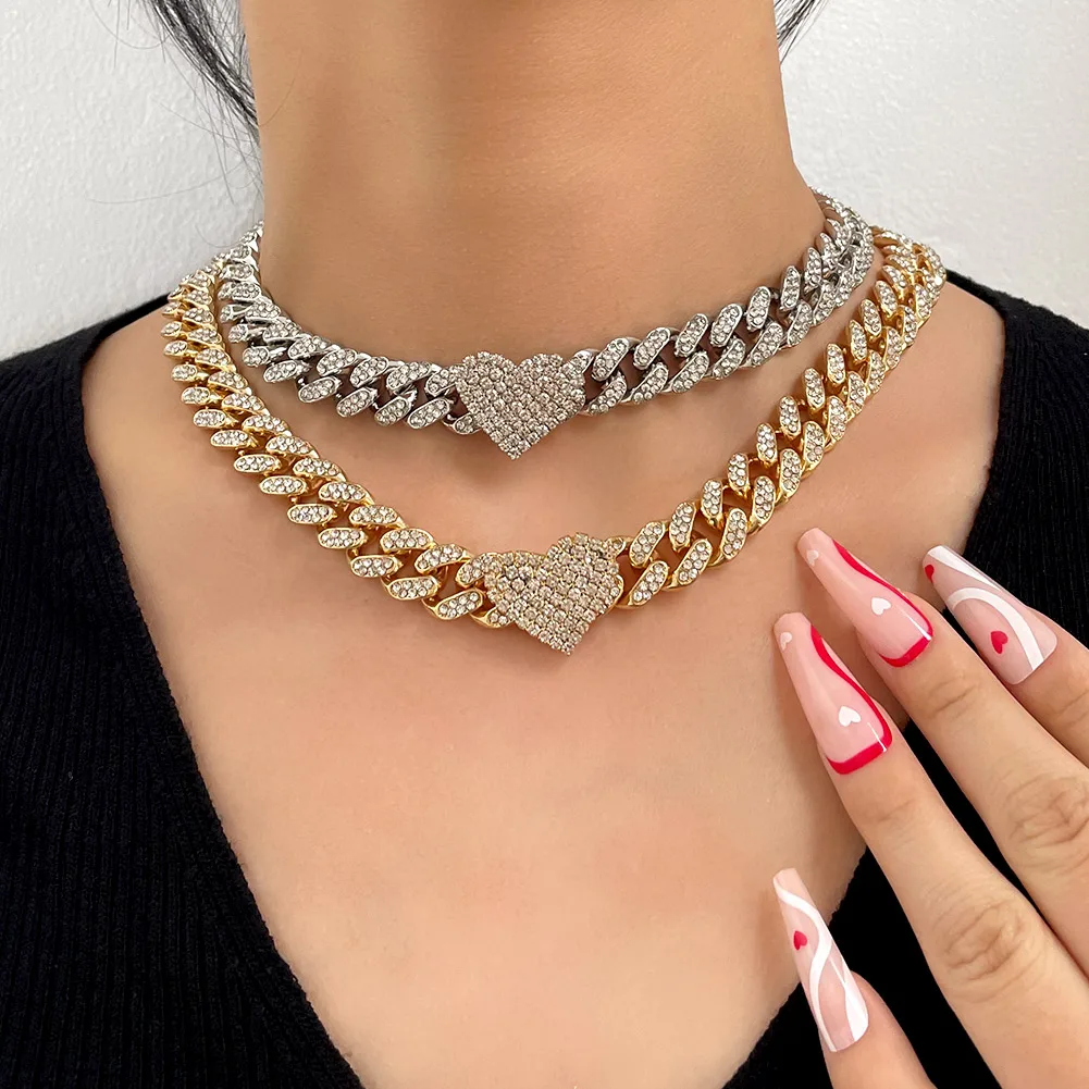 

Luxury Bling Bling Miami Cuban Chain Necklace For Women Hip Hop Iced Out CZ Rapper Heart-shaped Necklace, Gold silver plated