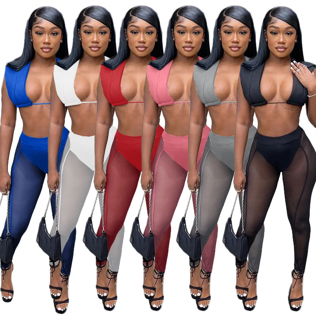 

Summer 2022 hollow out Crop Top high quality Tracksuit Fashion see through outfits sexy Two Piece Pants mesh legging sets, Picture color