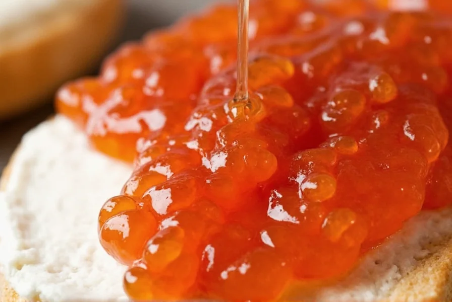 Close-up of red pepper jelly being drizzled over cream cheese for appetizer