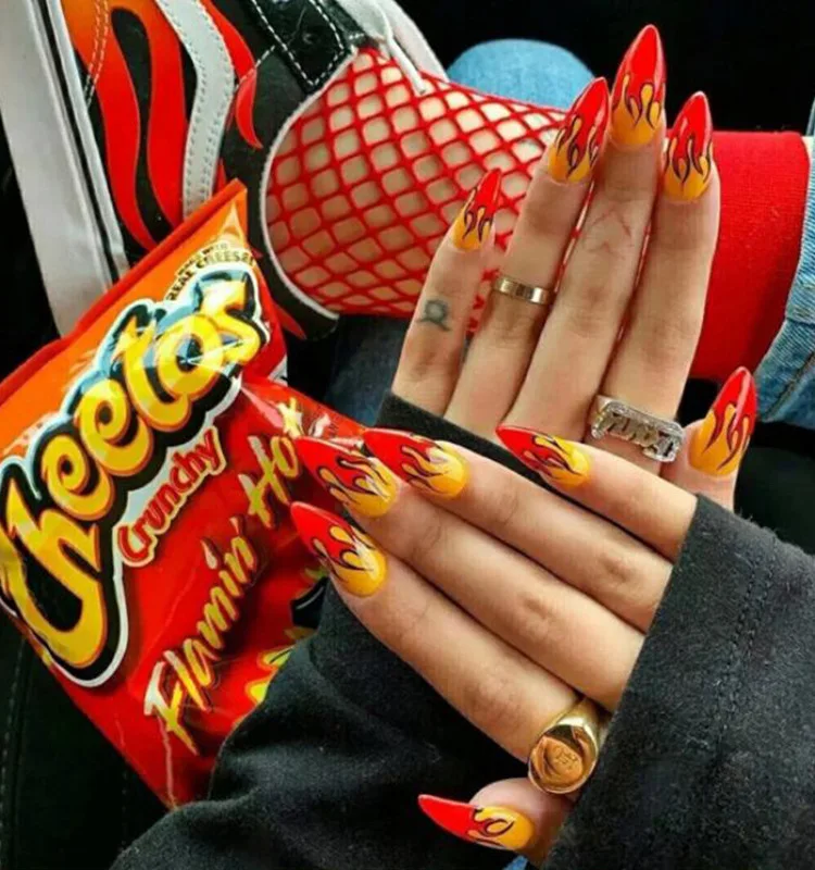 

stiletto press on nails almond water drop orange yellow flame press on long nails