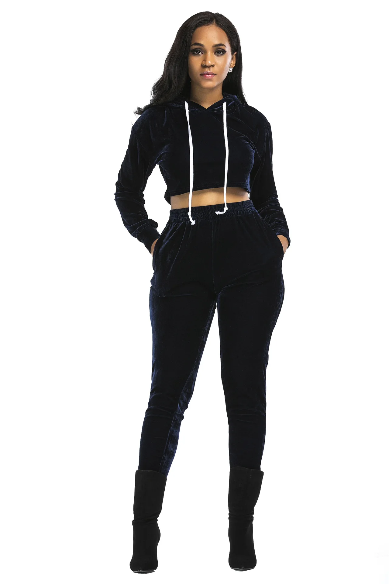 Custom Women Two Piece Set Blank Crop Top Hoodie Velour Sweat Suits ...