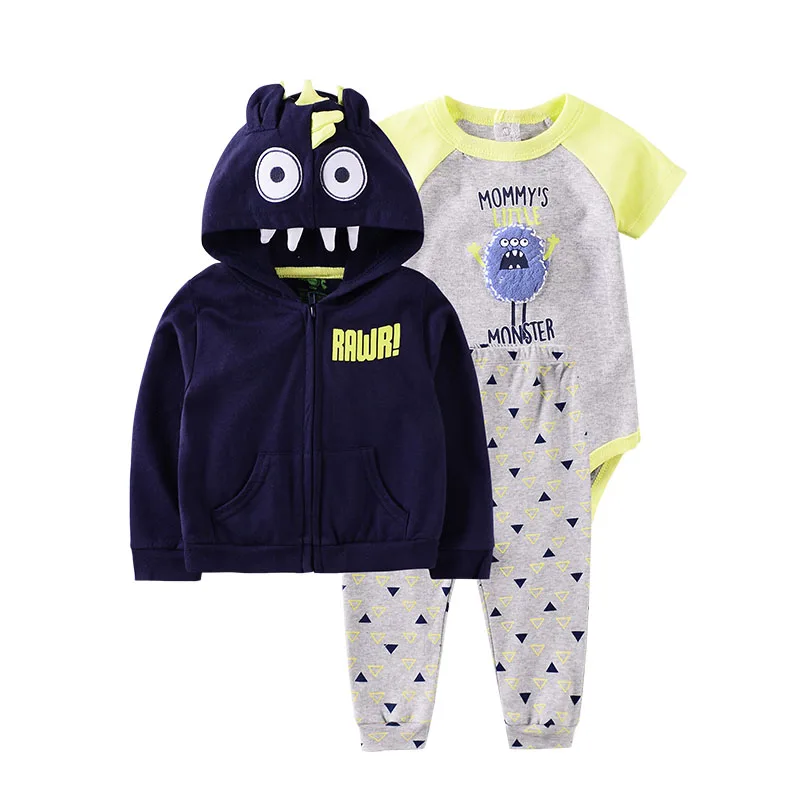 

Cotton Fabric Hoodie Jacket Romper Pants 3pcs Toddler's Clothing Set, Picture