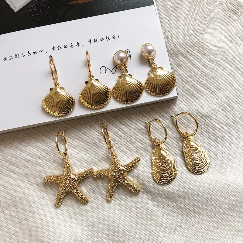 

New hot selling ocean style vacation starfish shell pearl earrings retro fashion earrings