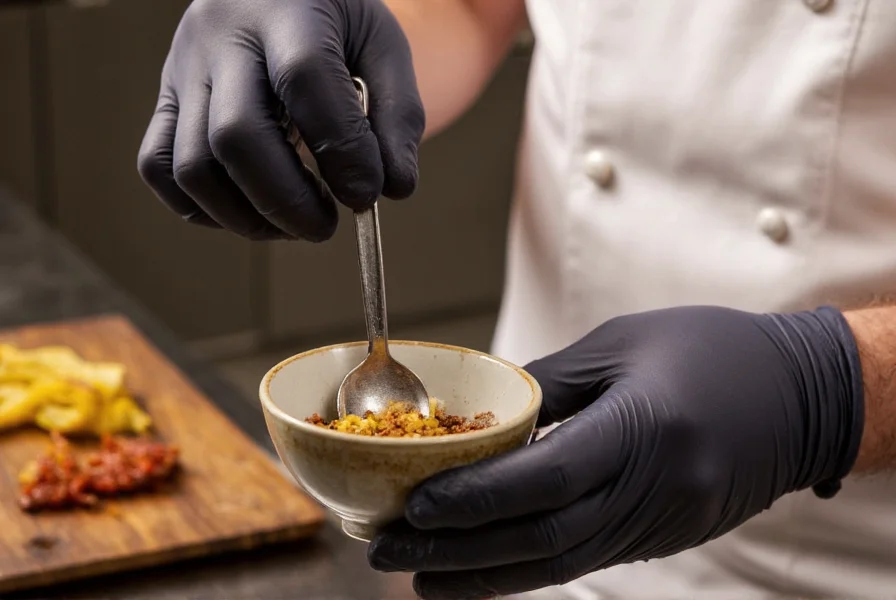 Chef wearing gloves carefully measuring ghost pepper ranch into a small bowl with measuring spoon