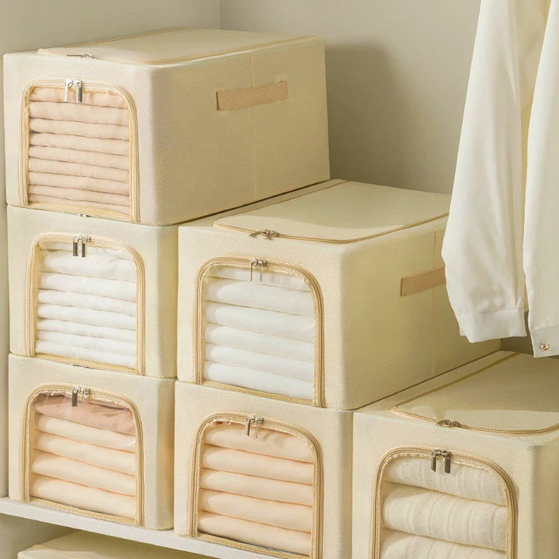 

New Fabric Quilt Storage box With Steel Frame Oversized Foldable Wardrobe Storage Organizer for Blanket Clothing