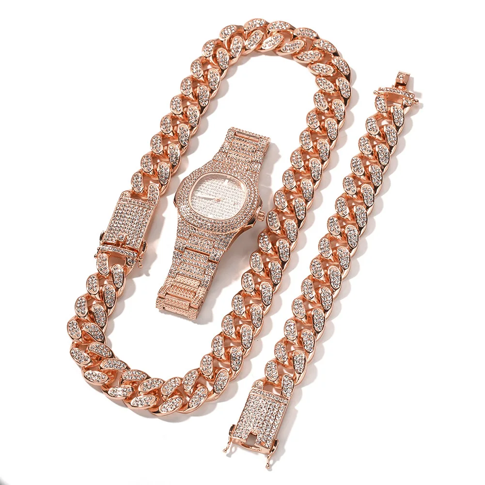 

Men Rapper Jewelry Rose Gold Plating 12MM Bling Iced Out Crystal Watch Miami Cuban Chain Hip Hop Watch Bracelet Jewelry Set