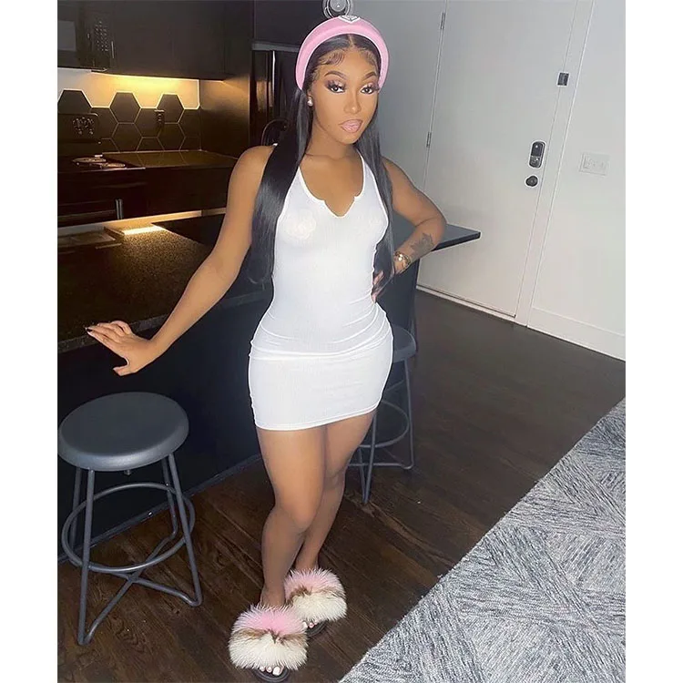 

Summer 2021 Sleeveless Thread Sexy Bodycon White Knit Mini Dress, White/black