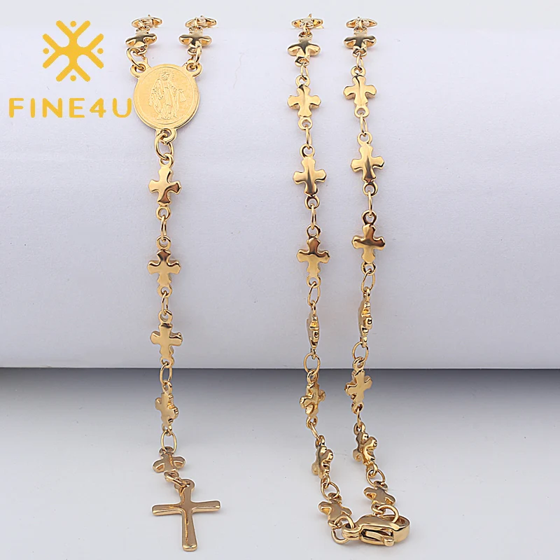 

Religious Jewelry Gold Plated Long Prayer Beads Stainless Steel Virgin Mary Cross Rosary Necklace