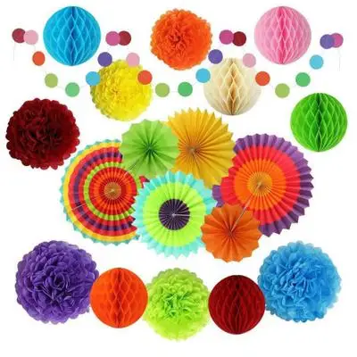 

19pcs Party Decoration Multi-Color Hanging Paper Fan Tissue PomPom Flowers Garland String Polka Dot and Honeycomb Ball for Party