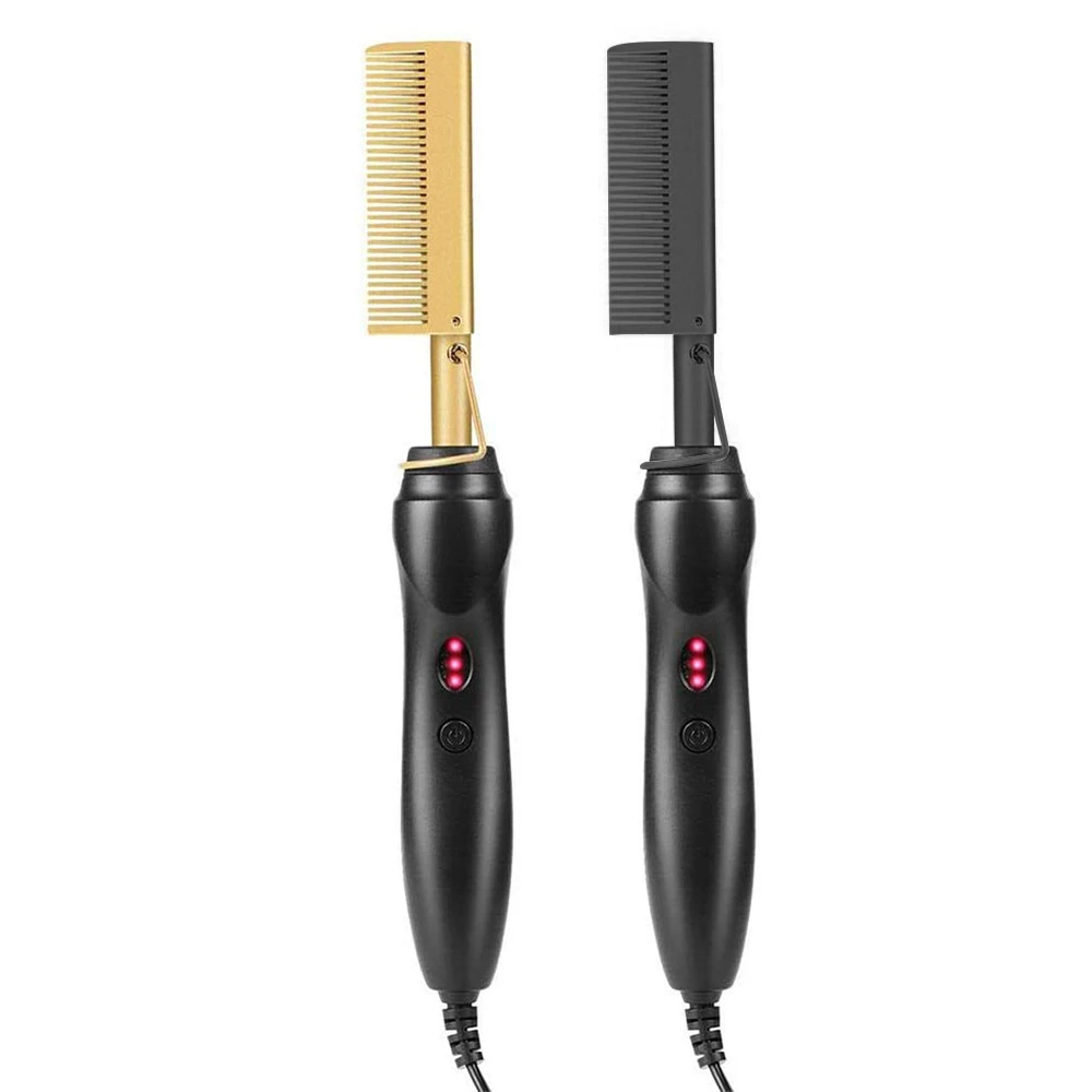 

Anti-Scald Beard Straightener Press Comb High Heat Dual Electric Comb Hair Straightener for Women Man Ceramic Hot Comb, Black,gold