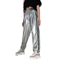 

reflective Shiny Elastic Waist Striped Mid Waist Sport Sweatpants Harem cargo Pants For Women