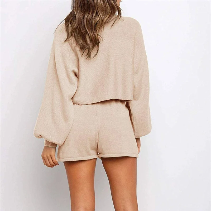 

Wholesale Ladies Casual Knit Sweatsuit 2 Piece Sweater Short Set Fashion Solid Color Knitted Women Pullover Sweater, Customized color
