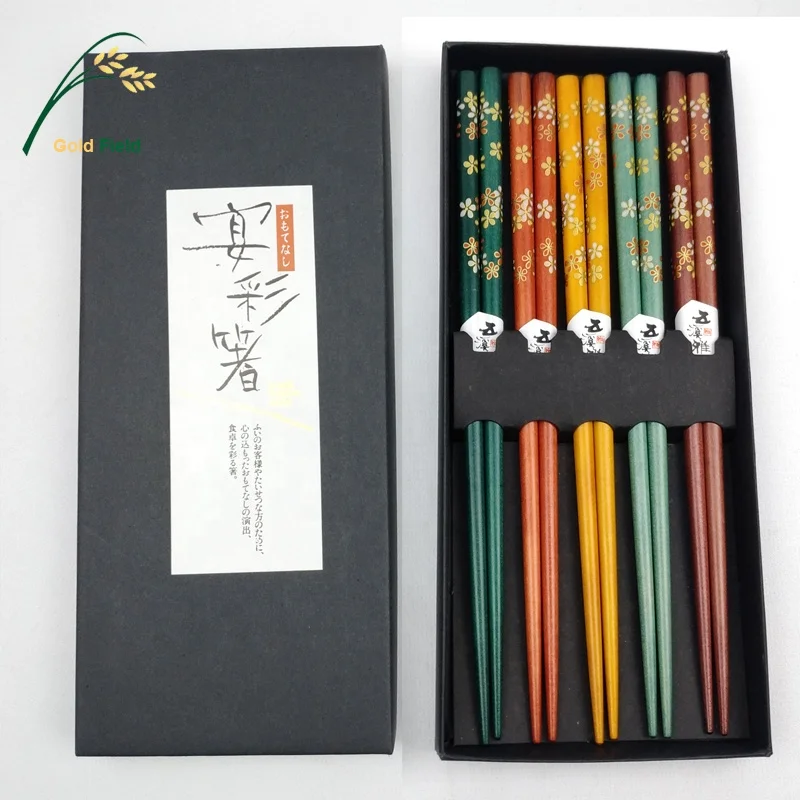 

Japanese Popular High Quality Gold Flower Printed Personalized Wooden Reusable Wedding Favors Chopsticks 5 pair set, Five color